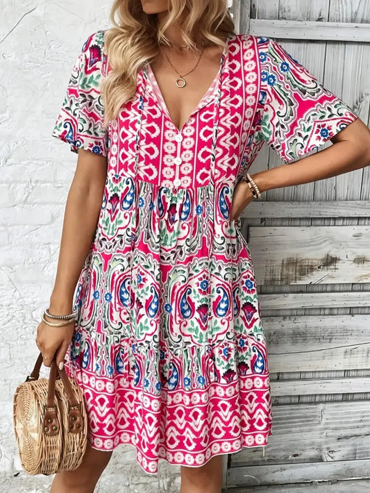 Printed Tie Neck Short Sleeve Dress Pink Fitggins