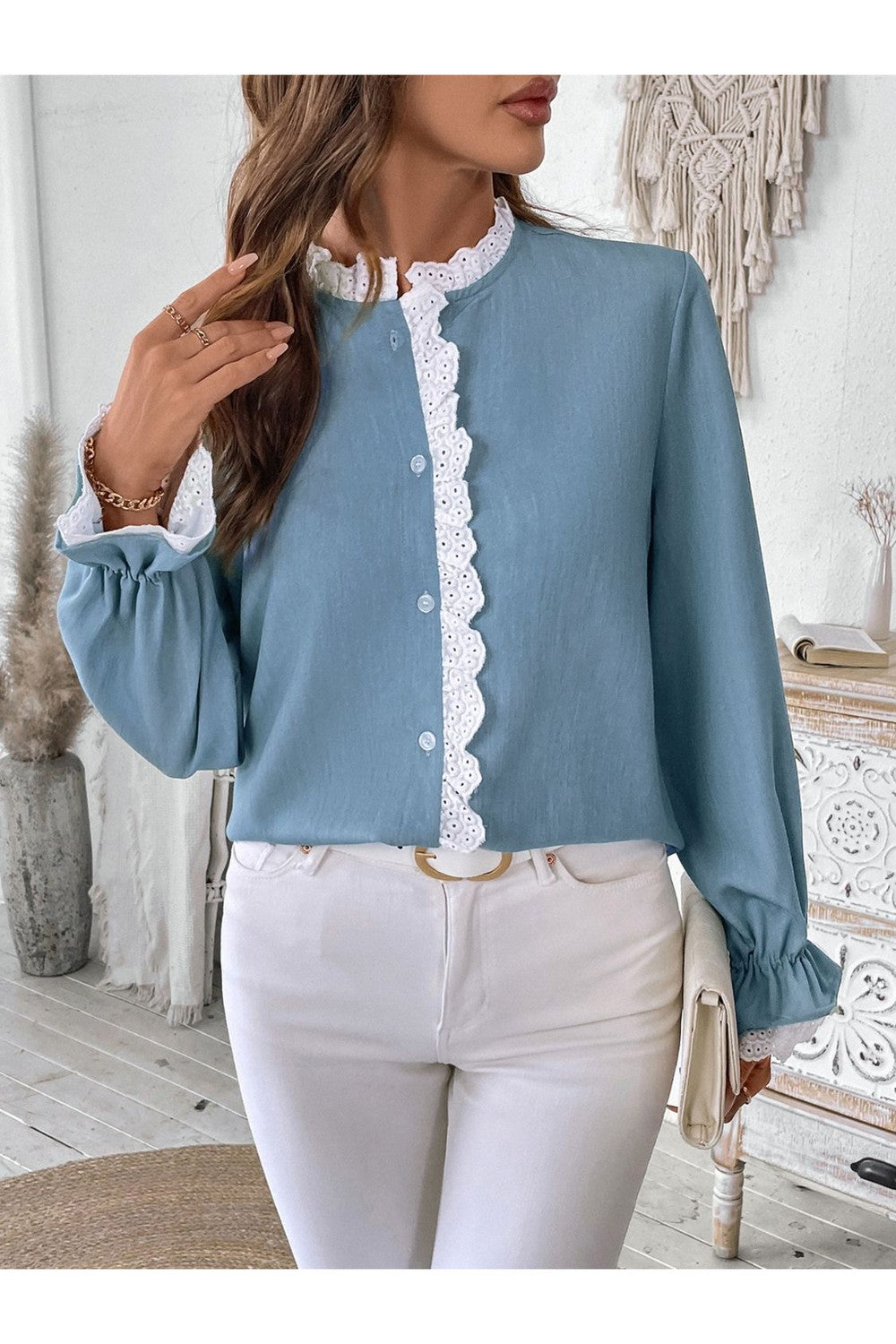 Perfee Lace Detail Button Down Long Sleeve Shirt - Shirts - FITGGINS