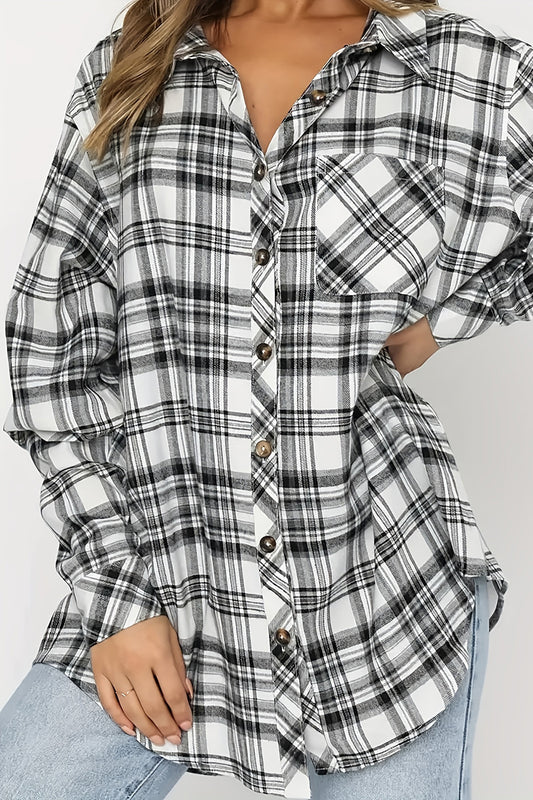 Plaid Collared Neck Long Sleeve Shirt - Shirts - FITGGINS