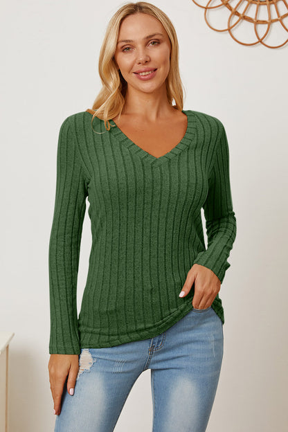 Basic Bae Full Size Ribbed V-Neck Long Sleeve T-Shirt - T-Shirts - FITGGINS