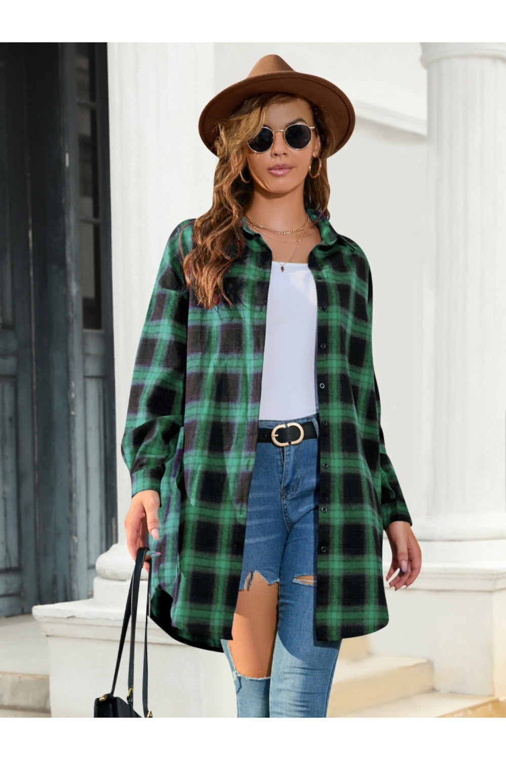 Plaid Button Up Shirt with Dropped Shoulders Dark Green Fitggins