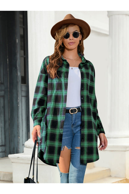 Plaid Button Up Shirt with Dropped Shoulders Dark Green Fitggins