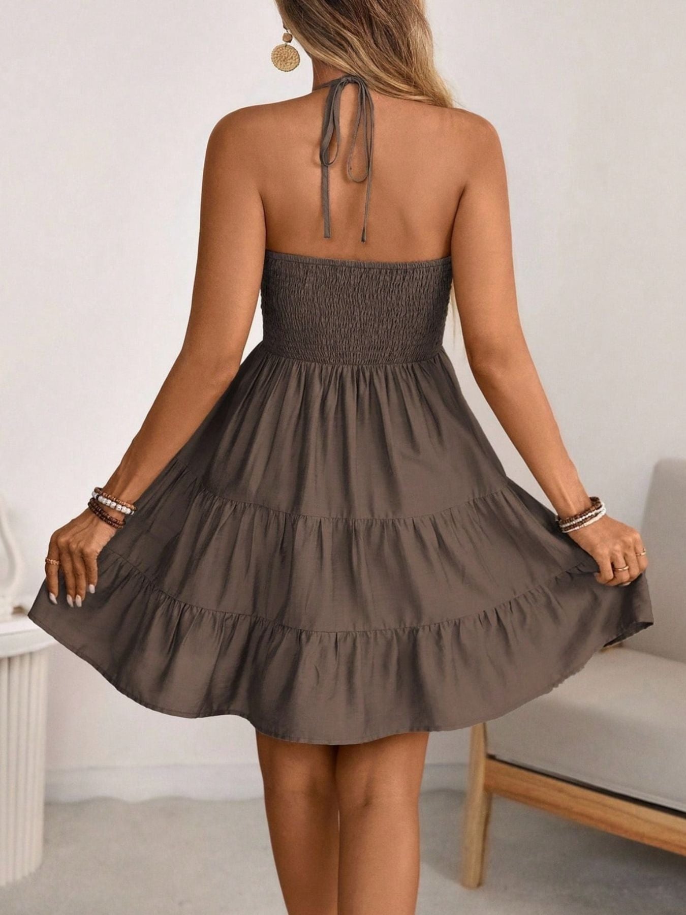 Smocked Halter Neck Tiered Dress Fitggins