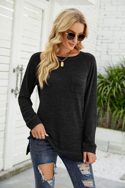 Heathered Slit Long Raglan Sleeve Top - T-Shirts - FITGGINS