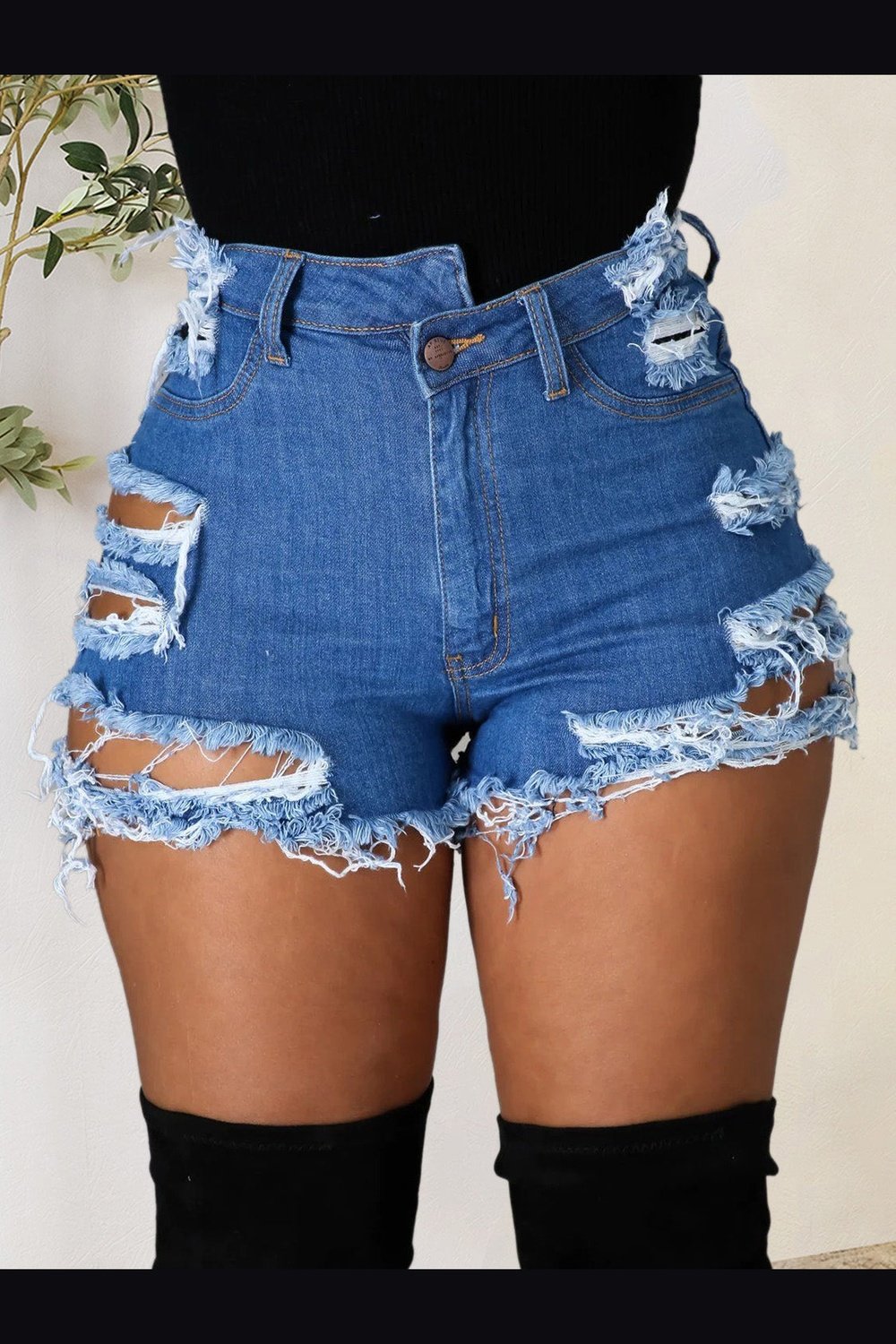 Distressed Raw Hem Denim Shorts with Pockets - Denim Shorts - FITGGINS