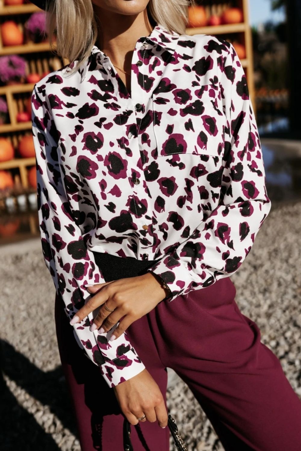 Printed Long Sleeve Collared Shirt White Fitggins