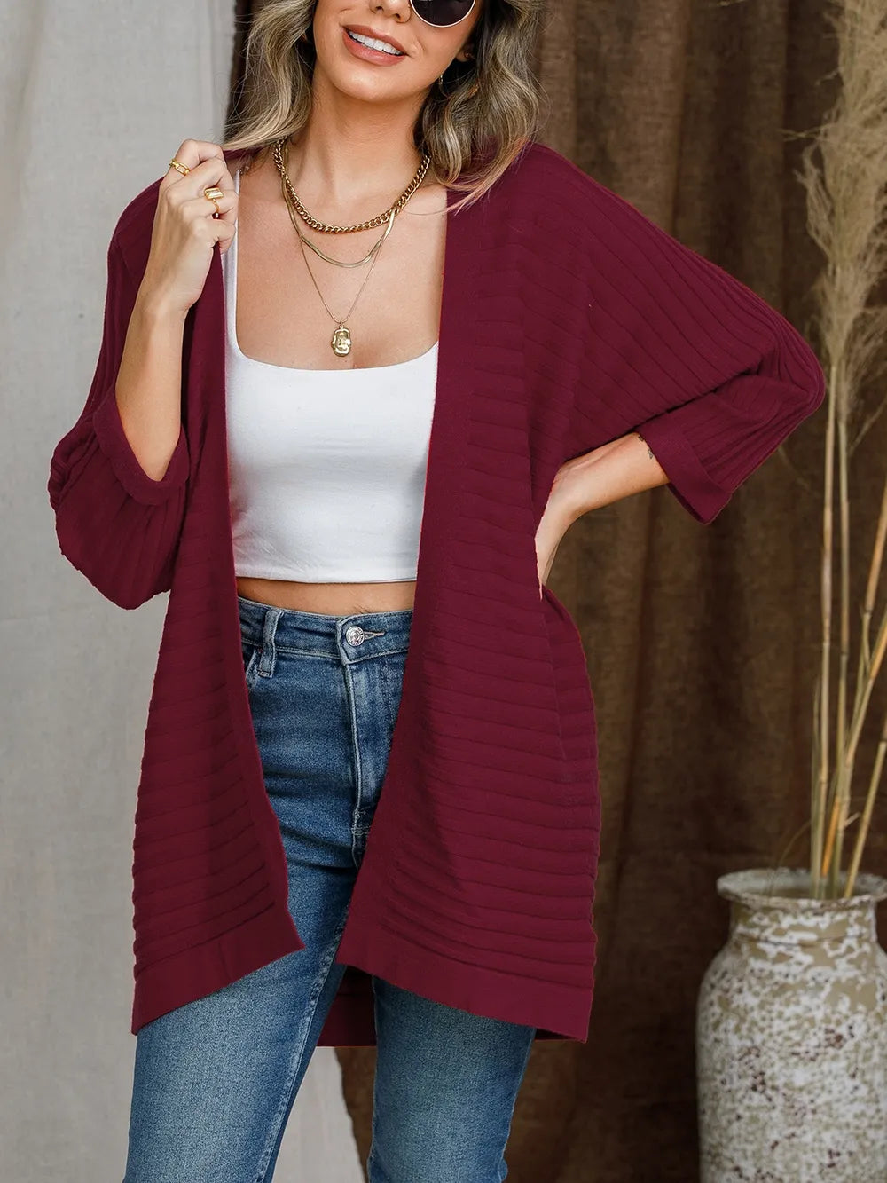 Striped Open Front Knit Cardigan Burgundy Fitggins