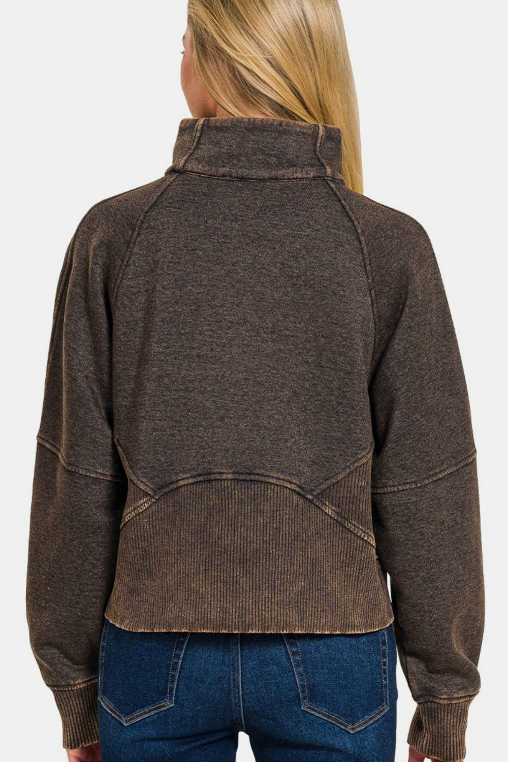 Zenana Acid Washed Half Zip Fleece Sweatshirt - Sweatshirts & Hoodies - FITGGINS