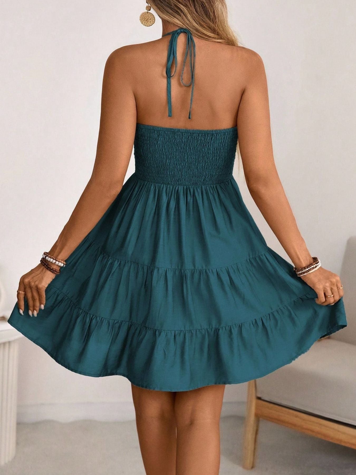Smocked Halter Neck Tiered Dress Fitggins