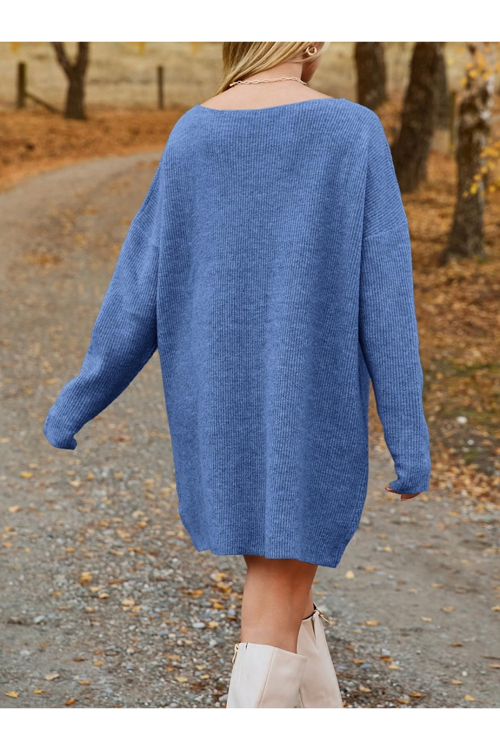 V-Neck Dropped Shoulder Sweater Dress - Sweater Dresses - FITGGINS