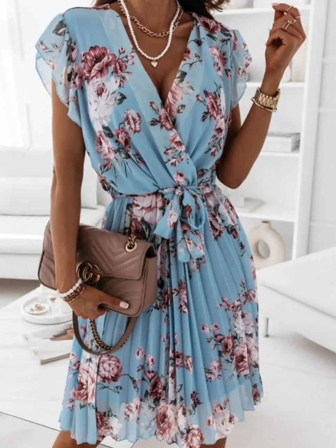 Floral Surplice Ruffled Cap Sleeve Dress Blue Fitggins