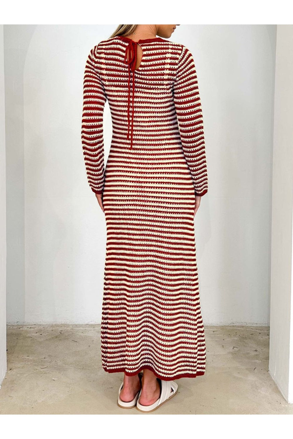 Devine Tied Round Neck Striped Sweater Dress - Sweater Dresses - FITGGINS