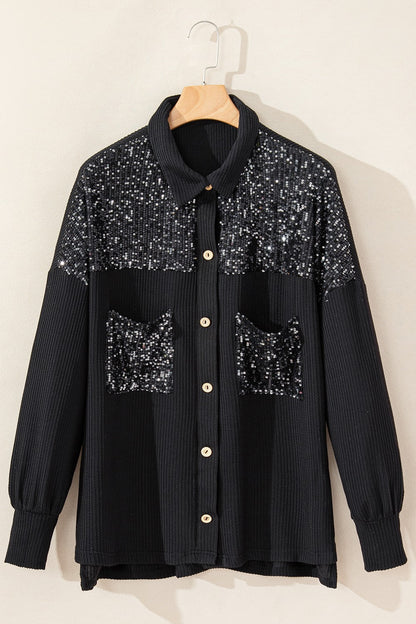 Sequin Button Up Dropped Shoulder Jacket - Jackets - FITGGINS