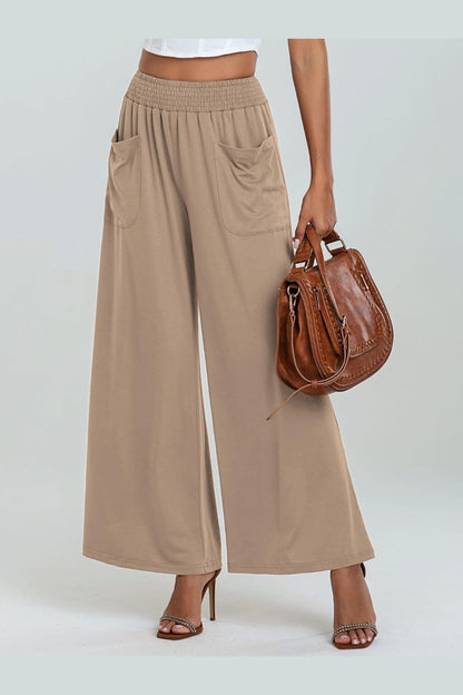 Pocketed Elastic Waist Wide Leg Pants - Pants - FITGGINS