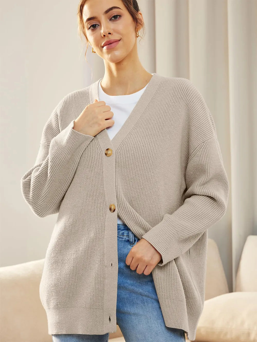 Button Down V-Neck Long Sleeve Cardigan Dust Storm Fitggins