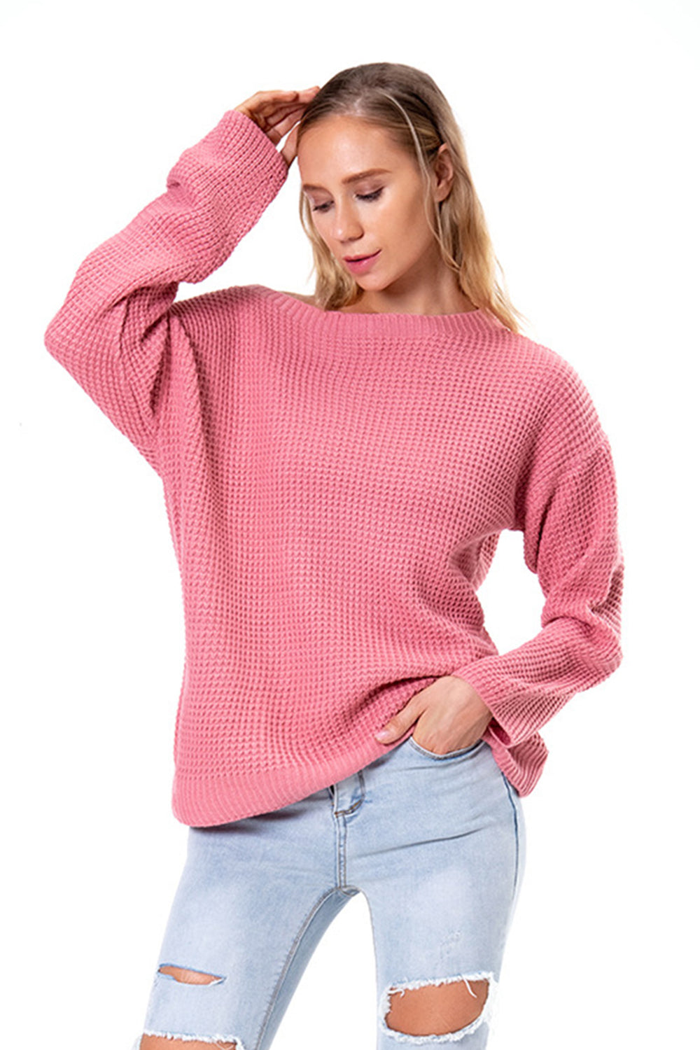 Boat Neck Drop Shoulder Long Sleeve Sweater Fitggins