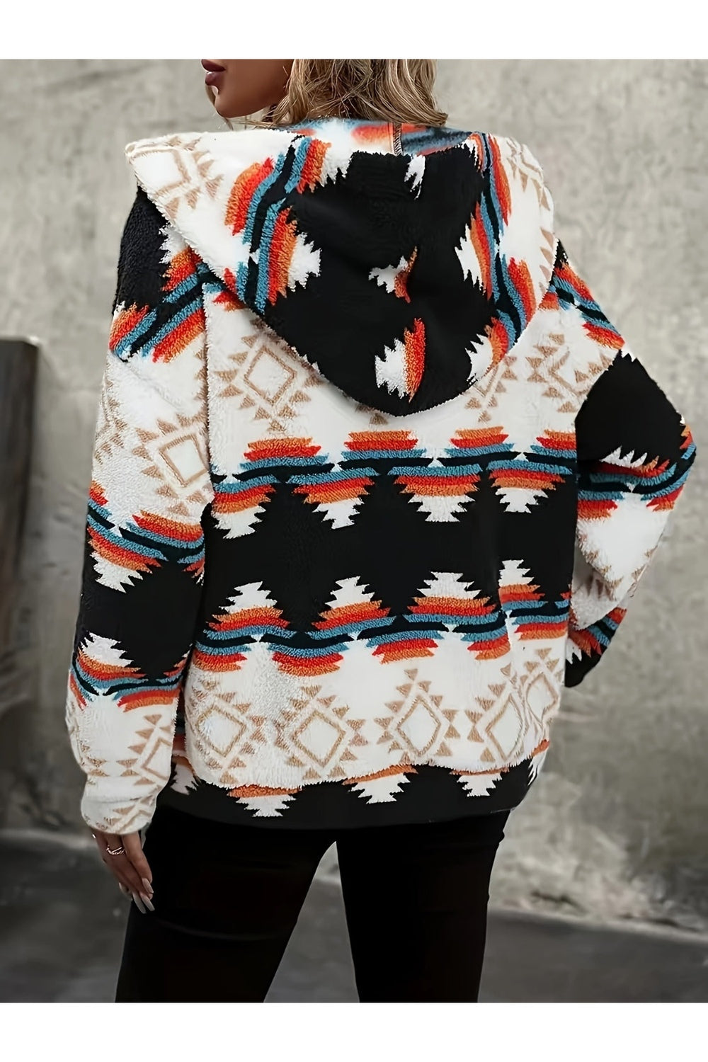 Geometric Zip Up Hooded Sherpa Jacket - Jackets - FITGGINS