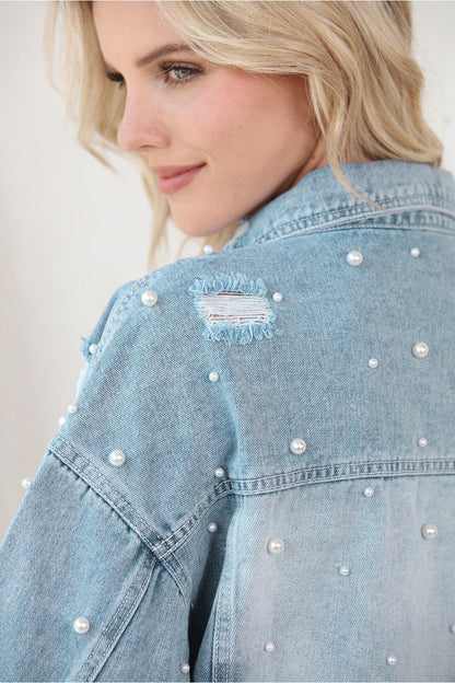 Distressed Pearl Trim Button Up Denim Jacket - Denim Jackets - FITGGINS