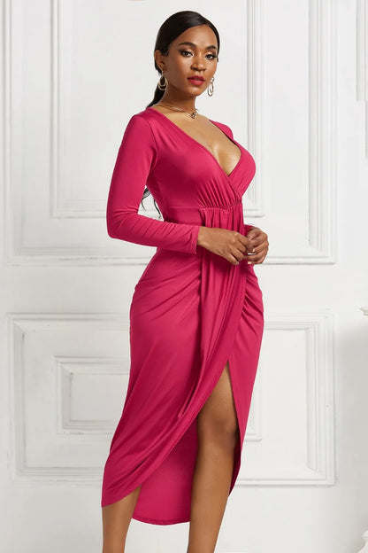 High-low Ruched Surplice Long Sleeve Dress Fitggins
