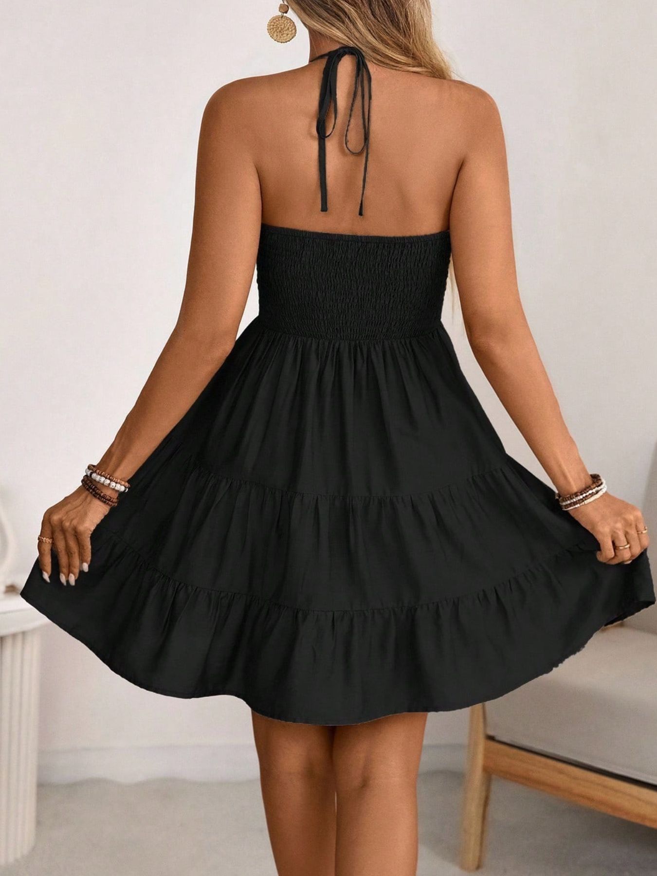 Smocked Halter Neck Tiered Dress Fitggins