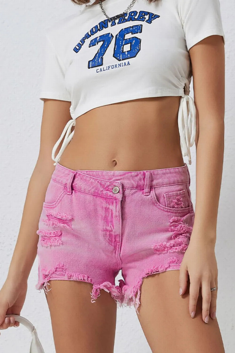 High Rise Crossover Waist Denim Shorts Fitggins