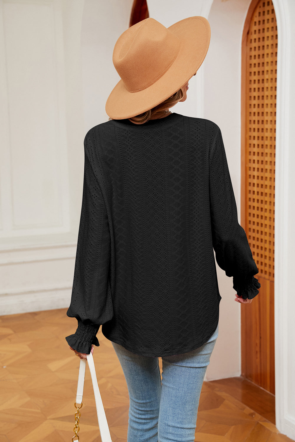 Notched Neck Flounce Sleeve Blouse Fitggins