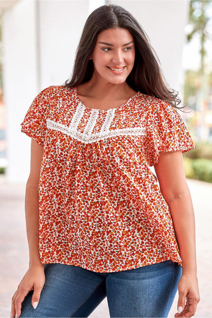 Plus Size Floral Lace Trim Round Neck Blouse - Blouses - FITGGINS