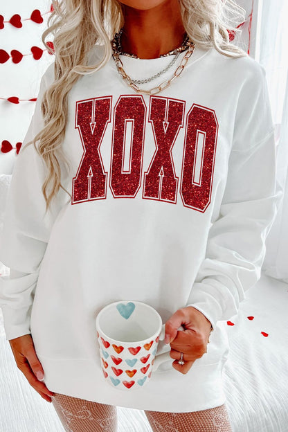 Valentine’s Day XOXO Glitter Round Neck Sweatshirt - Sweatshirts & Hoodies - FITGGINS