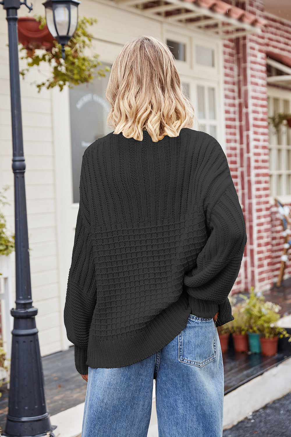 Ribbed Drop Shoulder Lantern Sleeve Sweater - Pullover Sweaters - FITGGINS