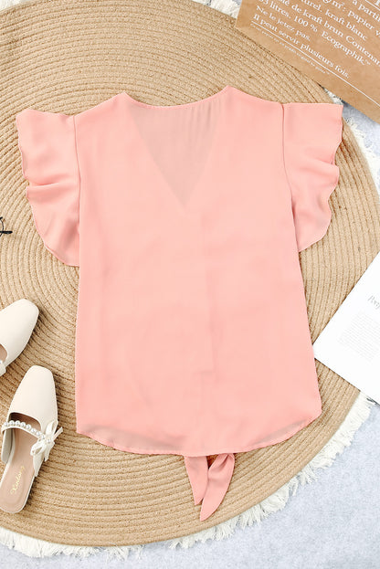 V-Neck Tie Hem Flutter Sleeve Blouse Fitggins