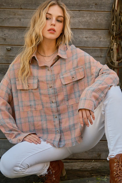 And The Why Full Size Plaid Button Up Raw Hem Shirt - Shirts - FITGGINS