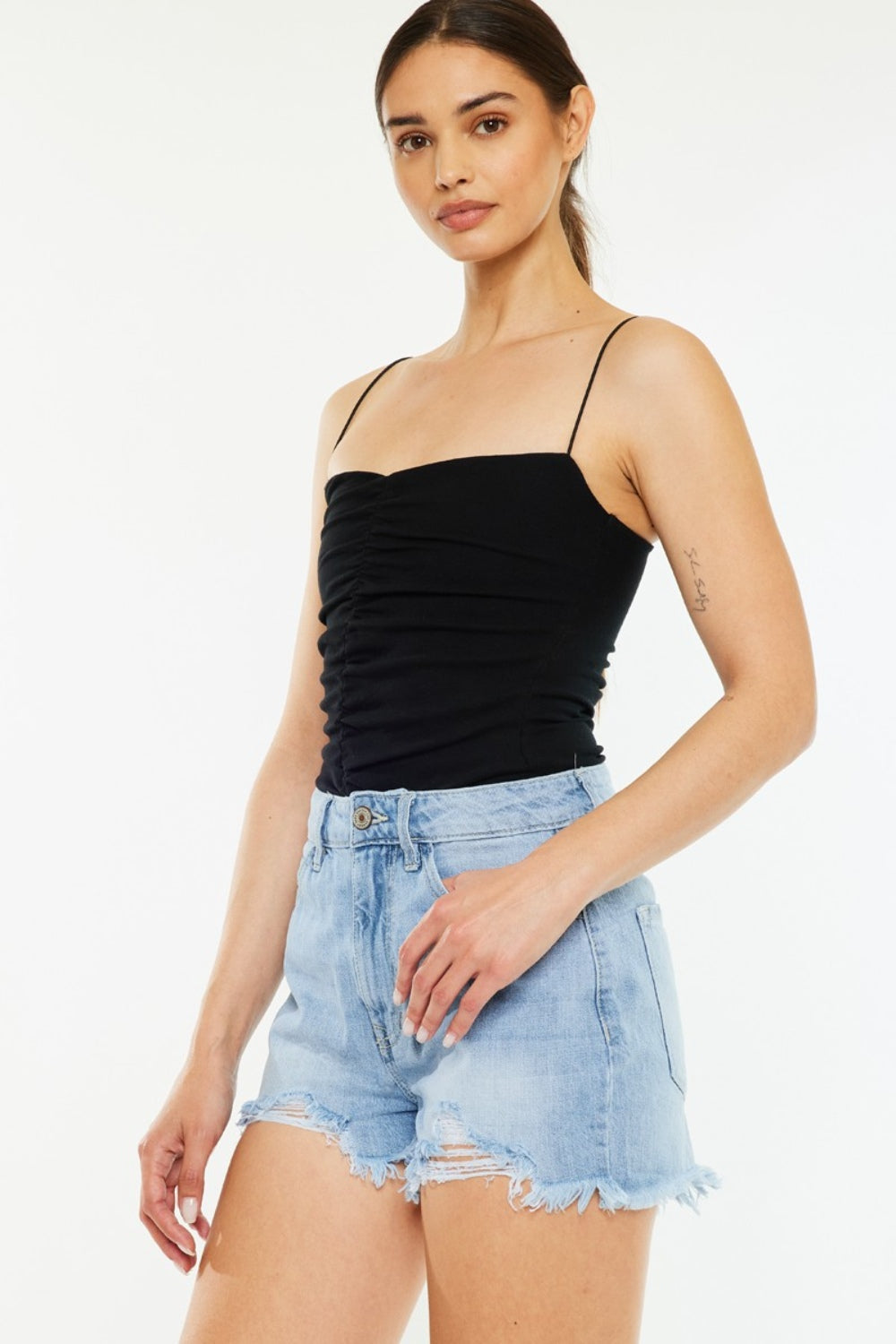 Kancan Raw Hem Distressed High Waist Denim Shorts - Denim Shorts - FITGGINS