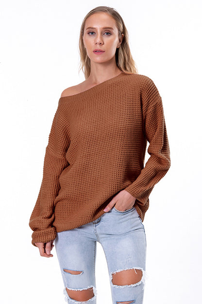 Boat Neck Drop Shoulder Long Sleeve Sweater Chestnut Fitggins