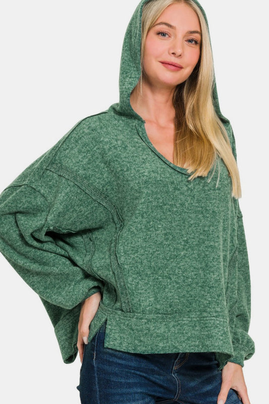 Zenana Brushed Hacci Exposed Seam Hoodie - Sweatshirts & Hoodies - FITGGINS