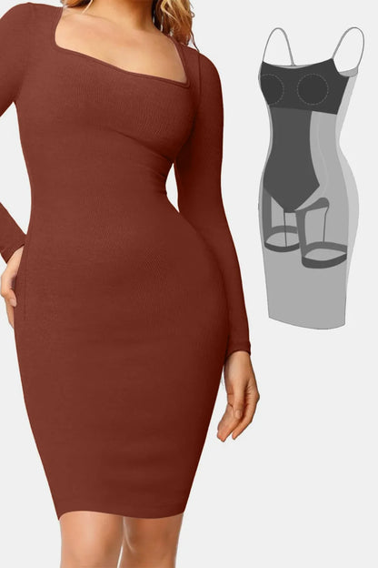 Basic Bae Full Size Built-In Shapewear Square Neck Long Sleeve Dress Dark Brown Fitggins