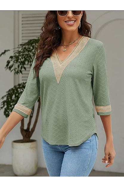 V-Neck Eyelet Blouse - Blouses - FITGGINS