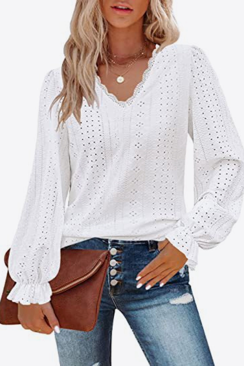 Eyelet V-Neck Flounce Sleeve Blouse White Fitggins