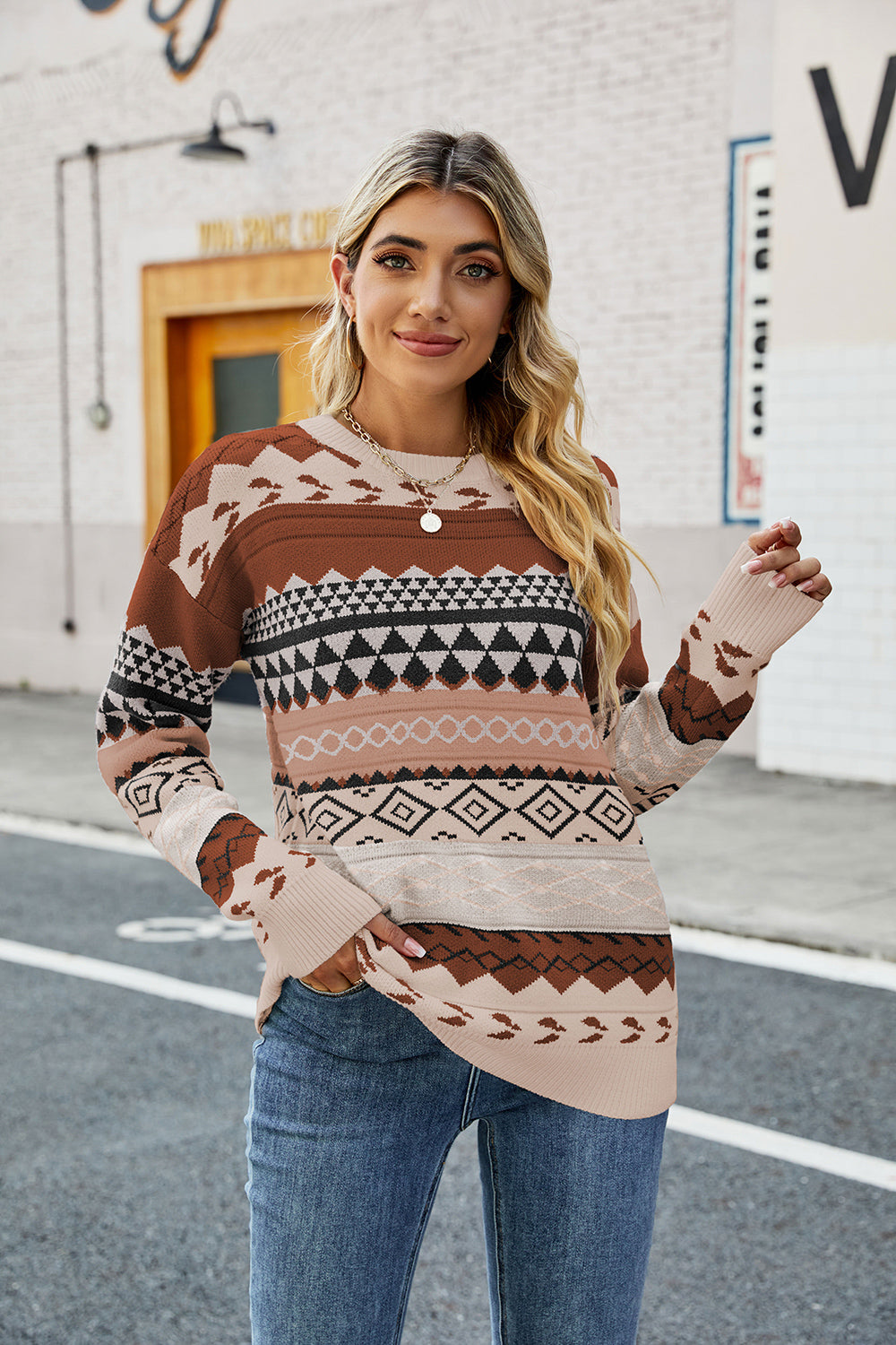 Round Neck Drop Shoulder Sweater Fitggins