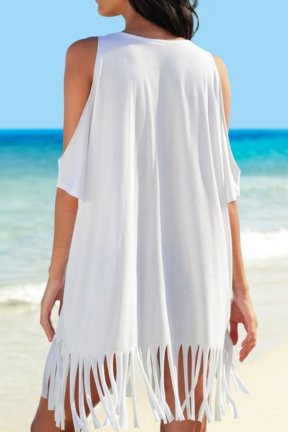 Fringe V-Neck Cold Shoulder Cover Up - Cover-Ups - FITGGINS