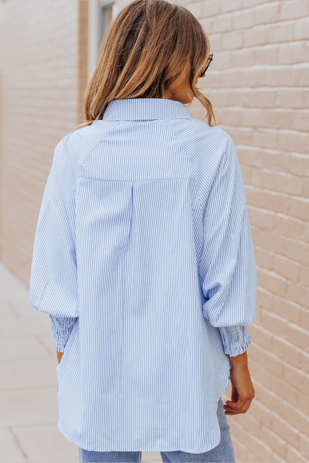 Striped Lantern Sleeve Collared Shirt - Shirts - FITGGINS