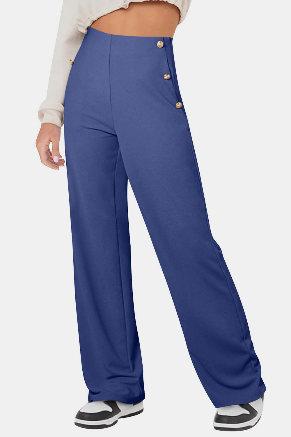 Decorative Button High Rise Pants - Pants - FITGGINS