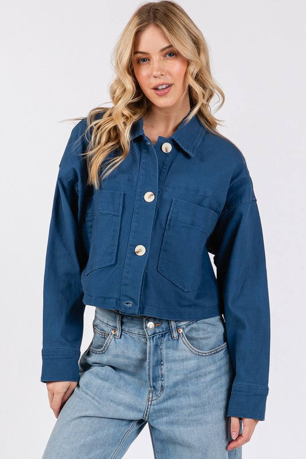 bytos Button Down Cropped Denim Jacket with Patch Pockets - Denim Jackets - FITGGINS