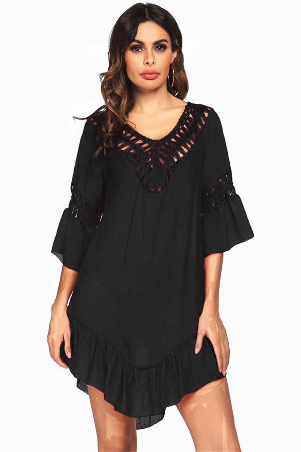 Backless Cutout Three-Quarter Sleeve Cover Up - Cover-Ups - FITGGINS