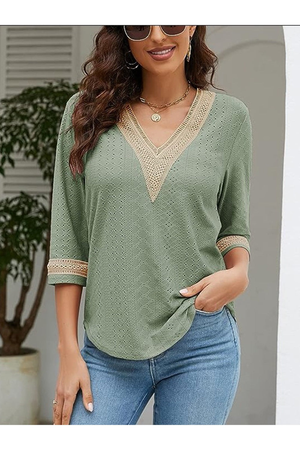 V-Neck Eyelet Blouse - Blouses - FITGGINS