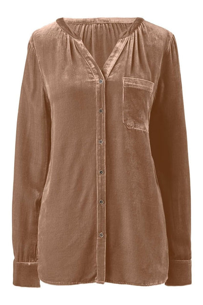 Notched Button Down Long Sleeve Shirt - Shirts - FITGGINS