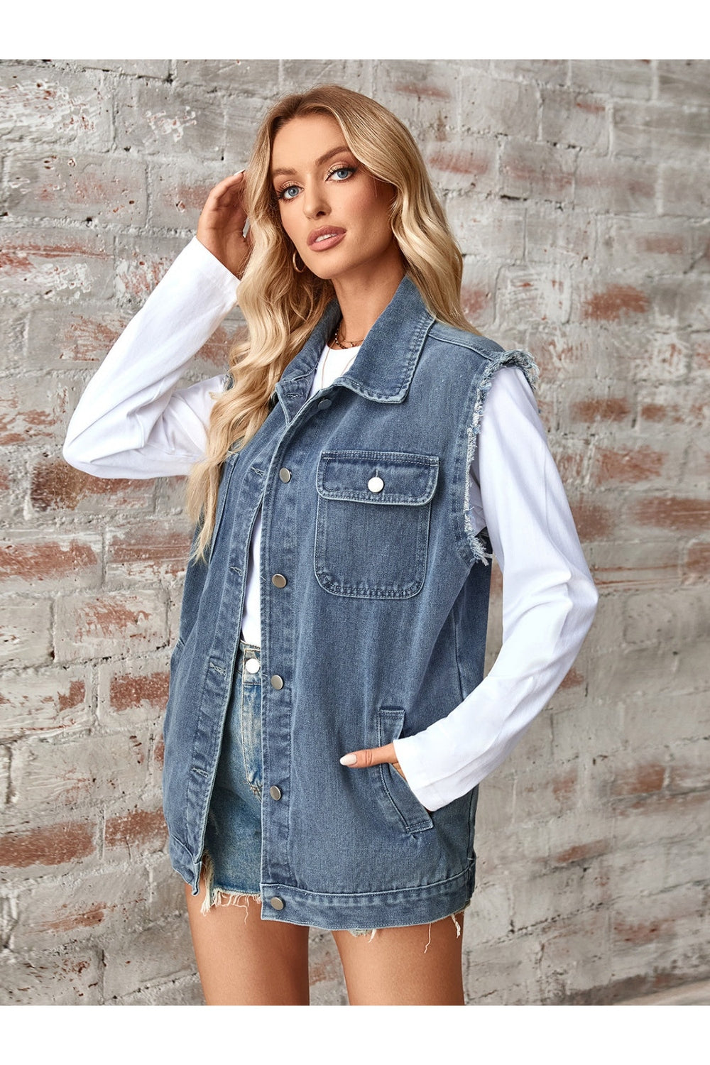 Raw Hem Sleeveless Button Up Denim Jacket - Denim Jackets - FITGGINS