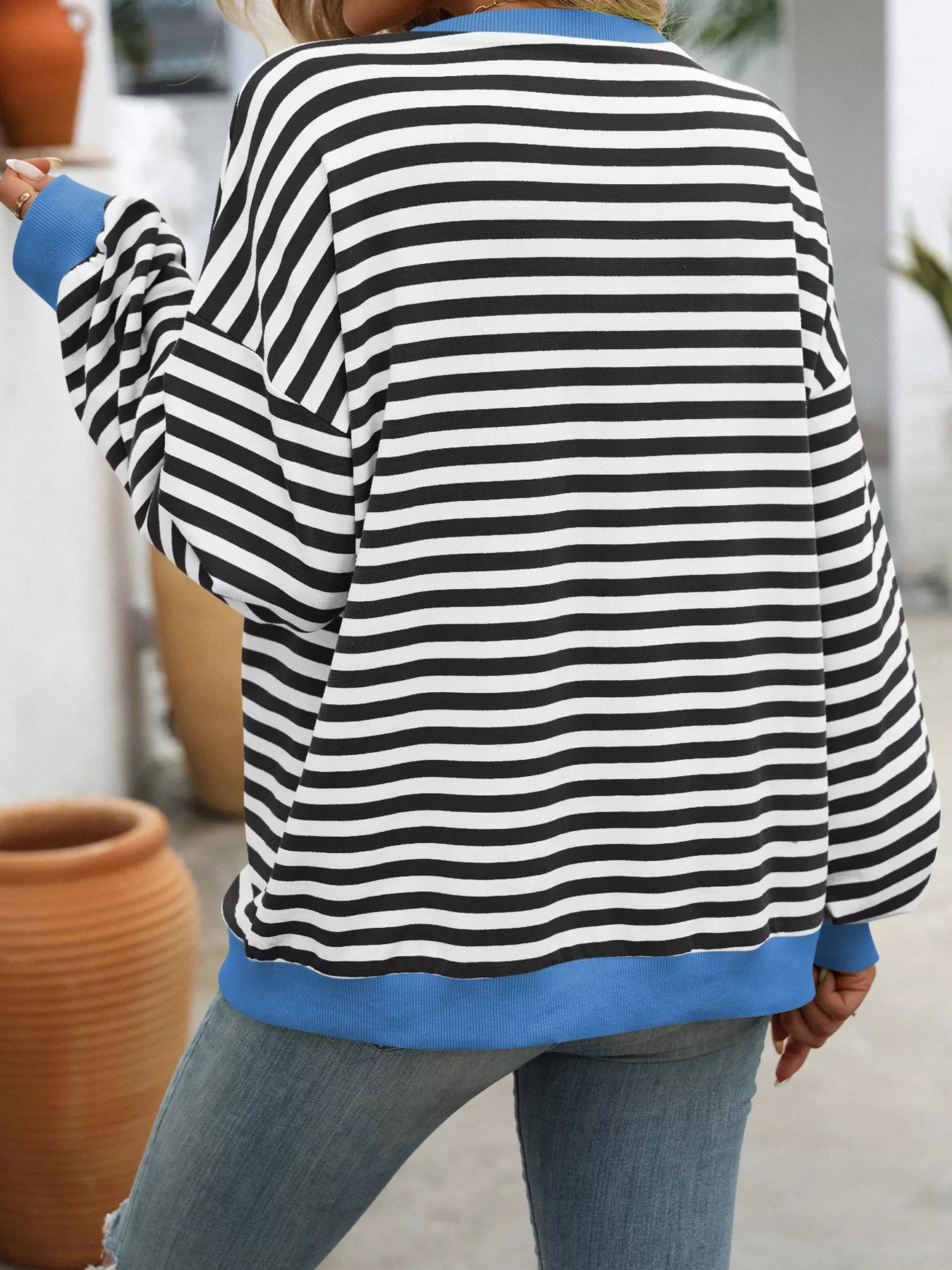 Striped Round Neck Dropped Shoulder Sweatshirt Fitggins