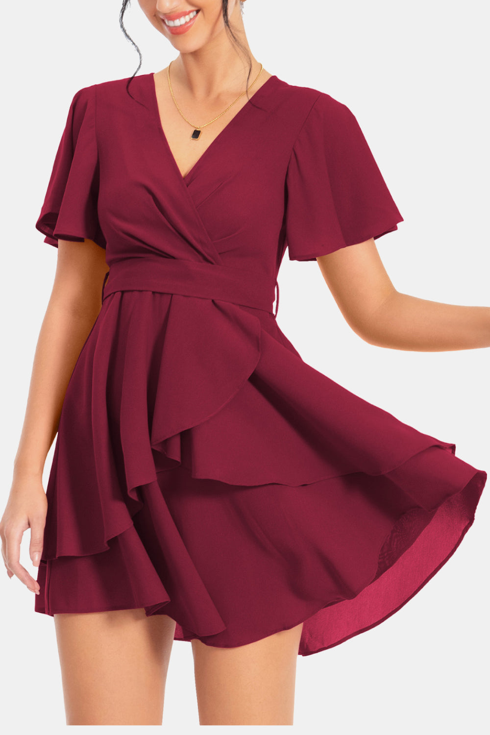 Surplice Neck Flutter Sleeve Dress - Casual & Maxi Dresses - FITGGINS