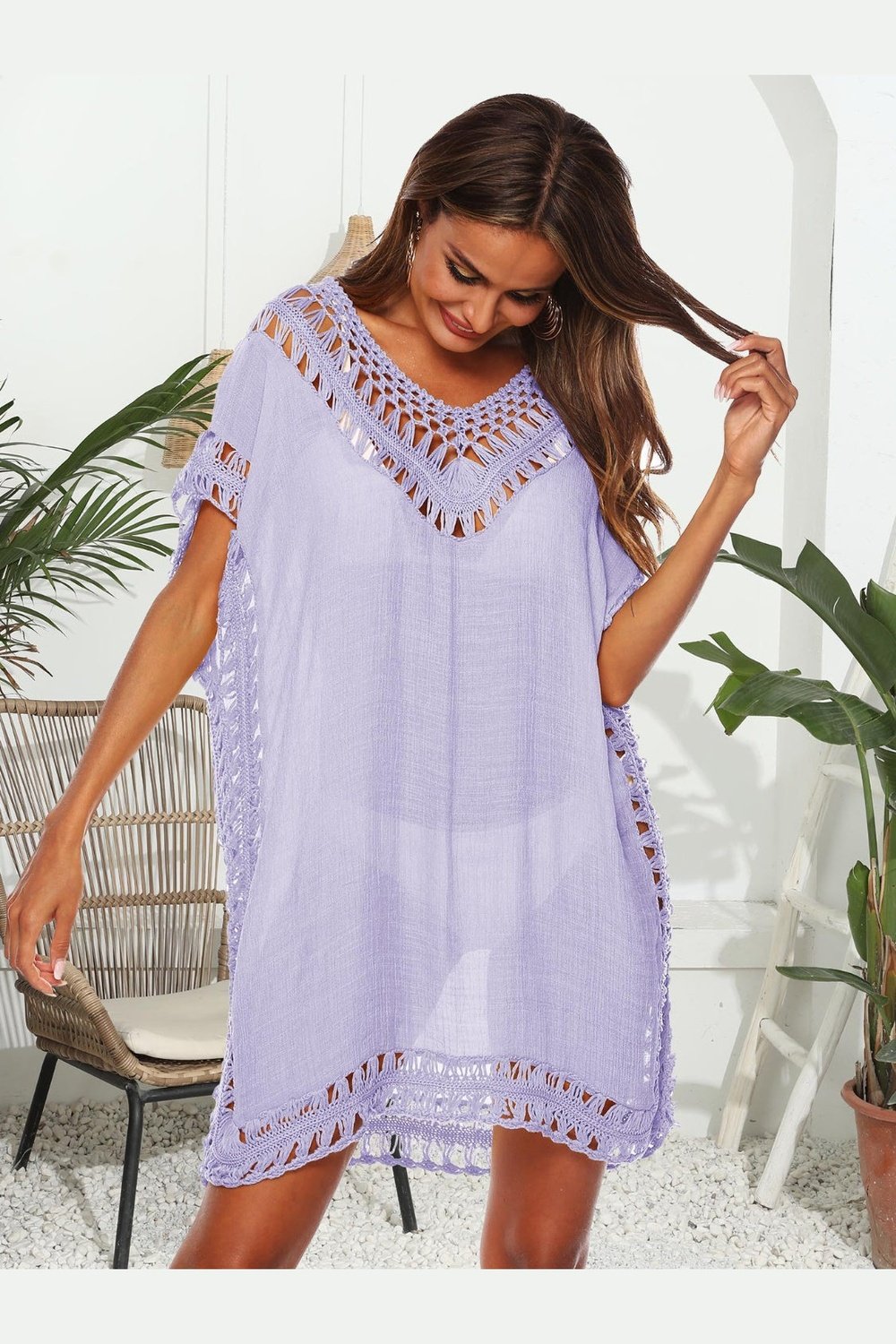 Cutout V-Neck Short Sleeve Cover-Up - Cover-Ups - FITGGINS
