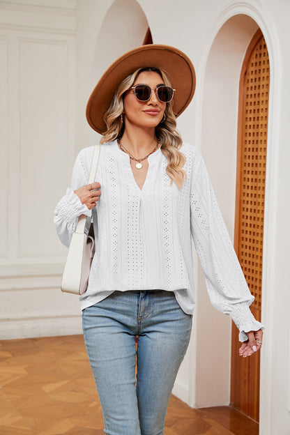 Notched Neck Flounce Sleeve Blouse White Fitggins